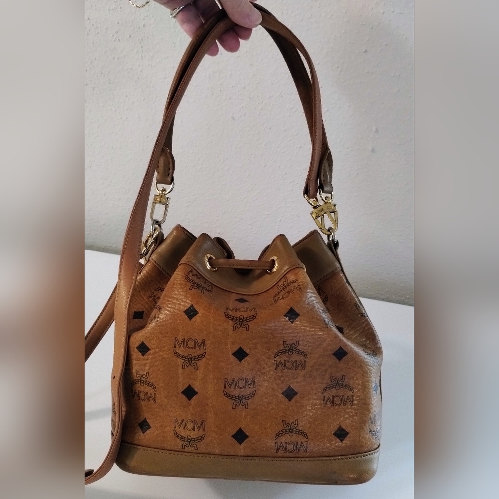 MCM Cognac Logo Drawstring Bucket Bag with Gold Hardware - Picture 5 of 12
